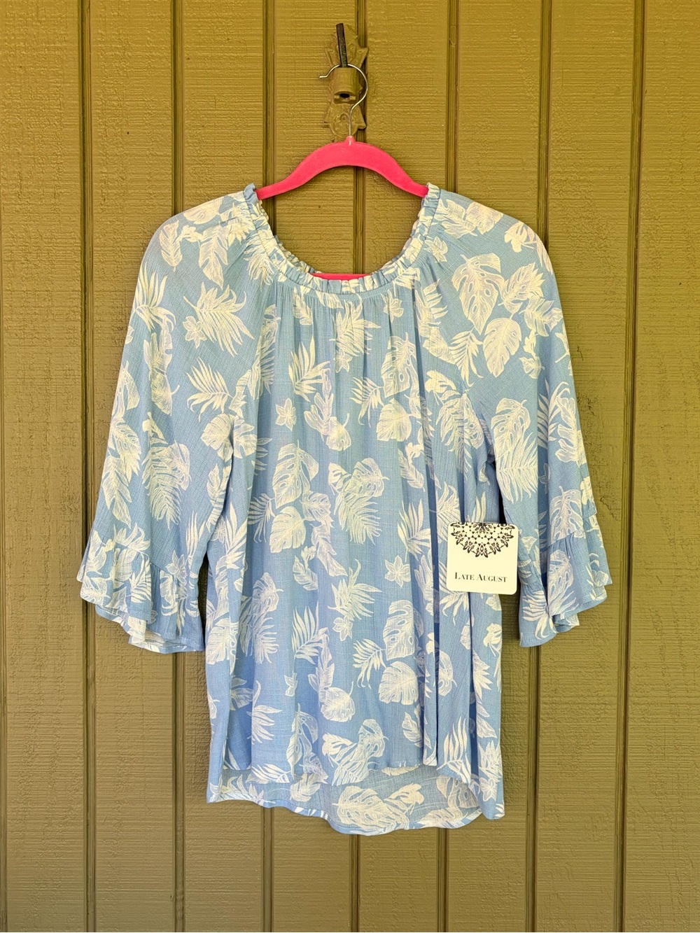 Late August Tropical Palm Print Blouse Blue White Ruffle Sleeve Rayon NWT S